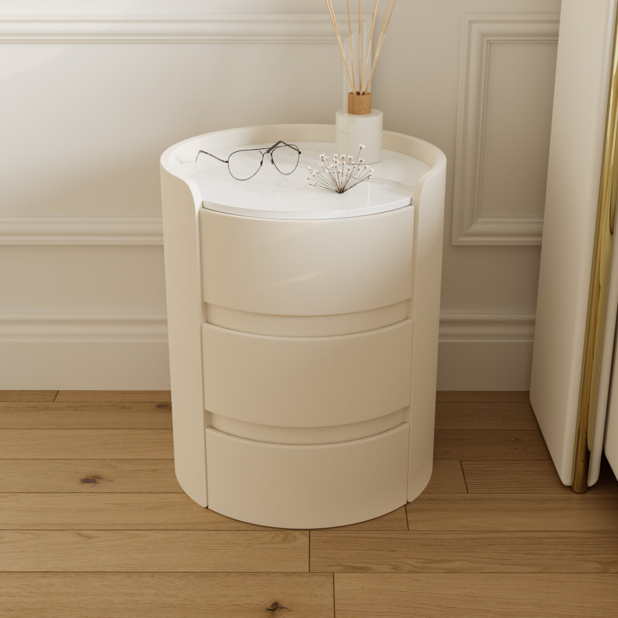 HMR - Modern white bedside tables with 3-drawer marble and leather