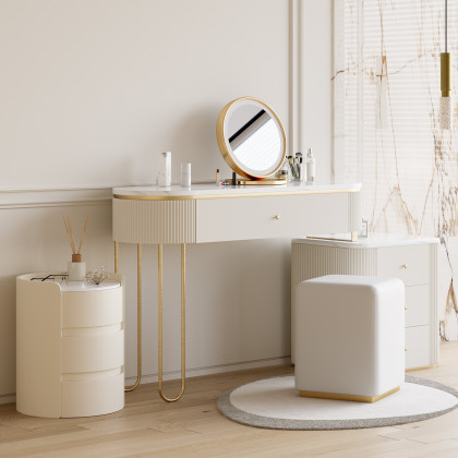 HMR - Modern white bedside tables with 3-drawer marble and leather