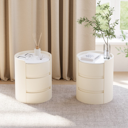 HMR - Modern white bedside tables with 3-drawer marble and leather