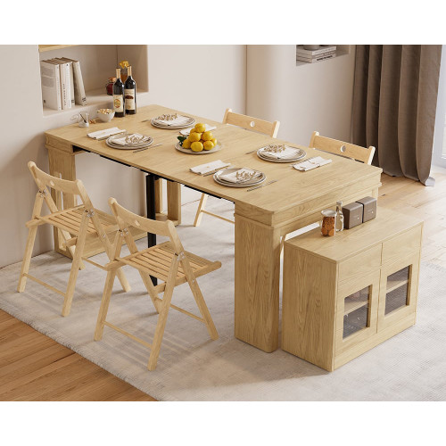 HMR Dining Set 70.9" Farmhouse Rectangle Folding Storage Dining Table With 4 Chairs - Natural