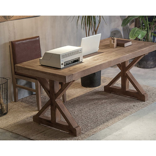 HMR Rustic Farmhouse Wooden Office Desk & Industrial Swivel Office Chair Set - Natural, 59.1"L x 27.6"W x 29.5"H