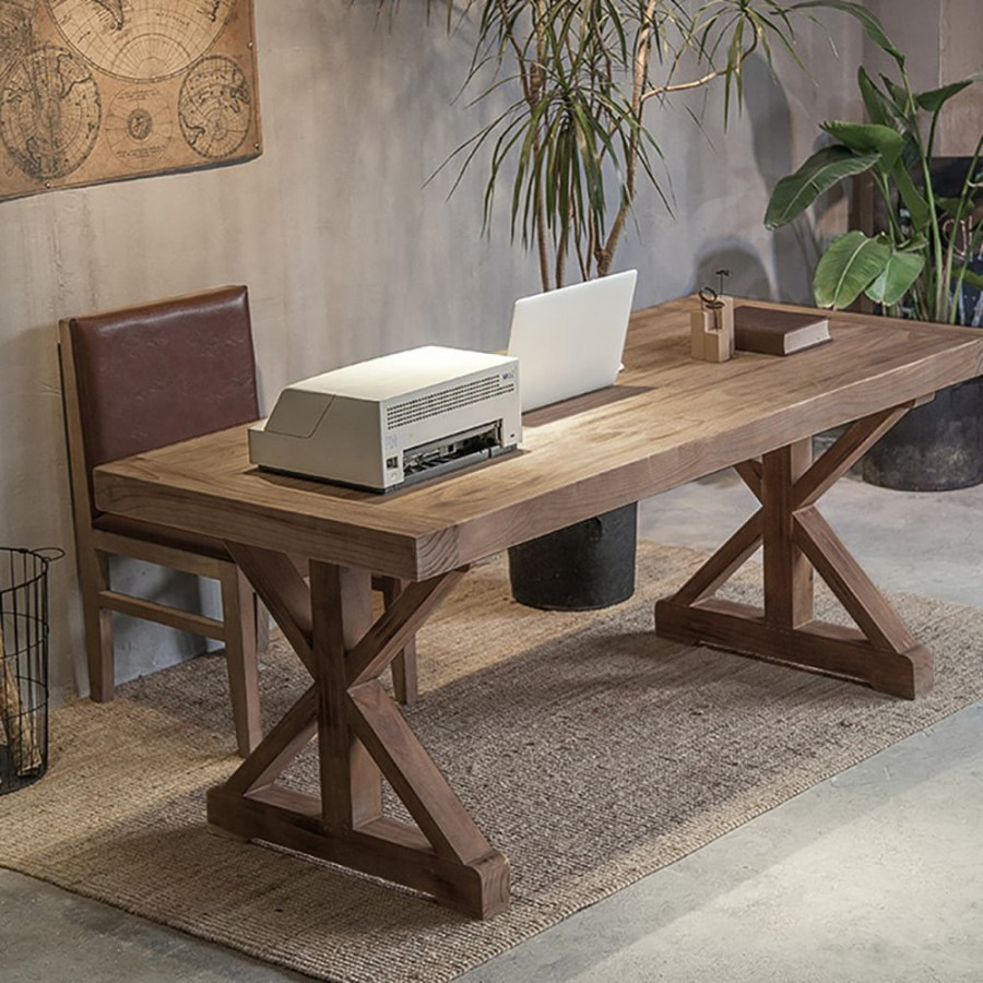HMR Rustic Farmhouse Wooden Office Desk & Industrial Swivel Office Chair Set - Natural, 59.1"L x 27.6"W x 29.5"H