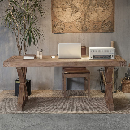 HMR Rustic Farmhouse Wooden Office Desk & Industrial Swivel Office Chair Set - Natural, 59.1"L x 27.6"W x 29.5"H