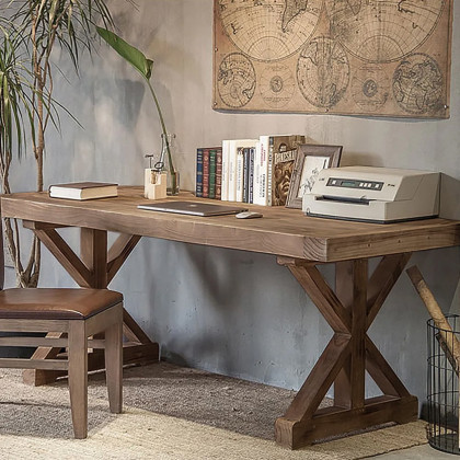 HMR Rustic Farmhouse Wooden Office Desk & Industrial Swivel Office Chair Set - Natural, 59.1"L x 27.6"W x 29.5"H