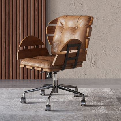 HMR Rustic Farmhouse Wooden Office Desk & Industrial Swivel Office Chair Set - Natural, 59.1"L x 27.6"W x 29.5"H