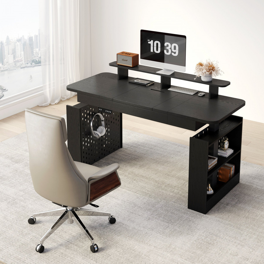 HMR - 59" Modern Black Multifunctional Standing Adjustable Office Desk