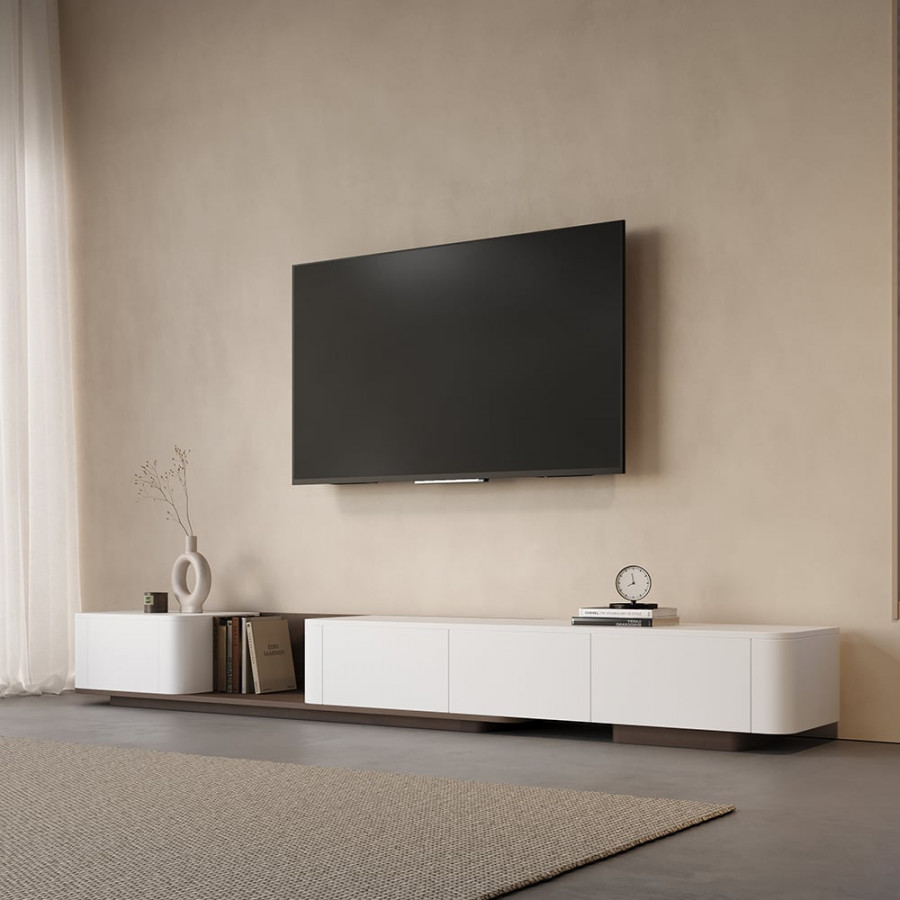 HMR 118.1" Modern Wood Extendable TV Stand with 4 Drawer Media Console - Off White & Walnut