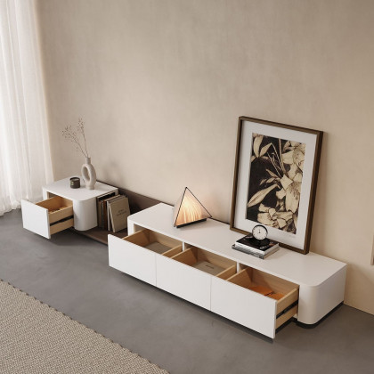 HMR 118.1" Modern Wood Extendable TV Stand with 4 Drawer Media Console - Off White & Walnut