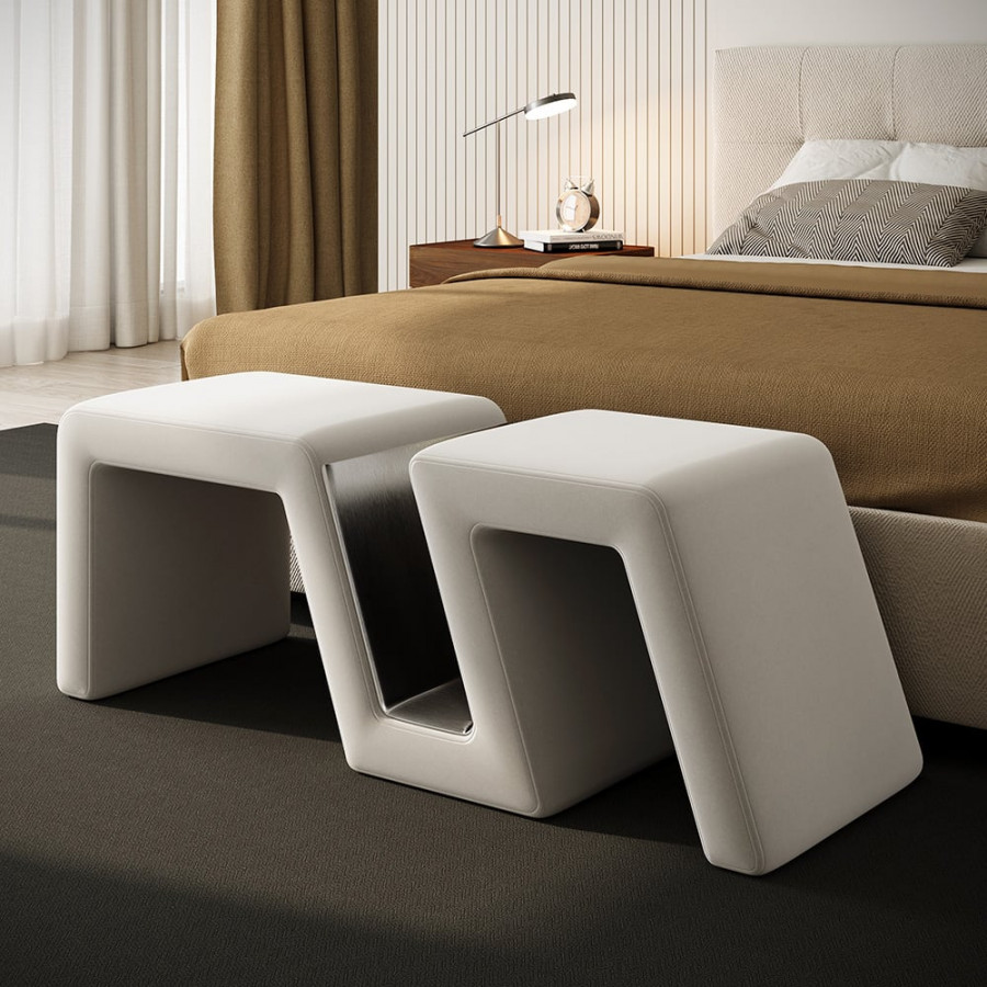 HMR - Modern White Velvet Bedroom Storage Bench Upholstered Long Bed End Bench