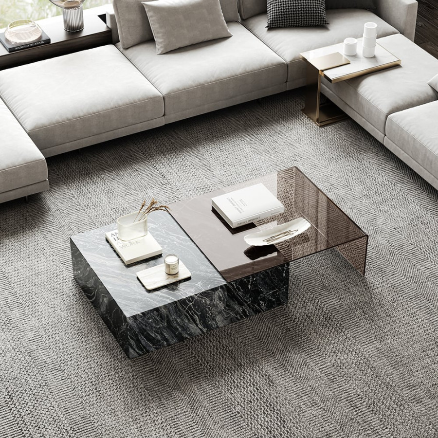 HMR - 2 Piece Modern Large Square Coffee Table in Black & Tea with Marble Veneer & Acrylic