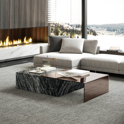 HMR - 2 Piece Modern Large Square Coffee Table in Black & Tea with Marble Veneer & Acrylic