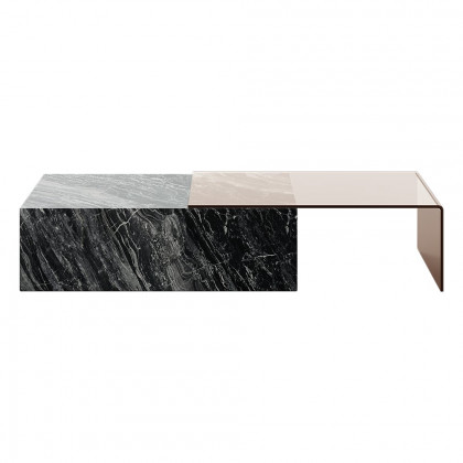 HMR - 2 Piece Modern Large Square Coffee Table in Black & Tea with Marble Veneer & Acrylic