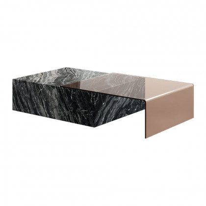 HMR - 2 Piece Modern Large Square Coffee Table in Black & Tea with Marble Veneer & Acrylic