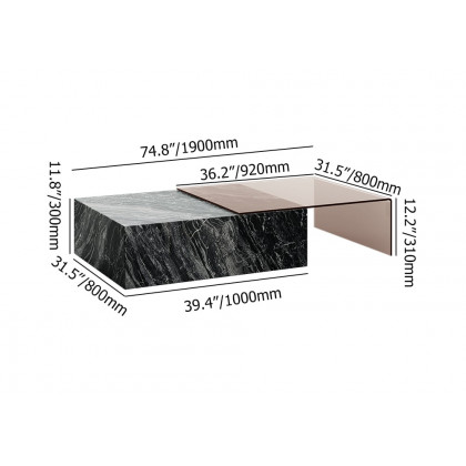 HMR - 2 Piece Modern Large Square Coffee Table in Black & Tea with Marble Veneer & Acrylic
