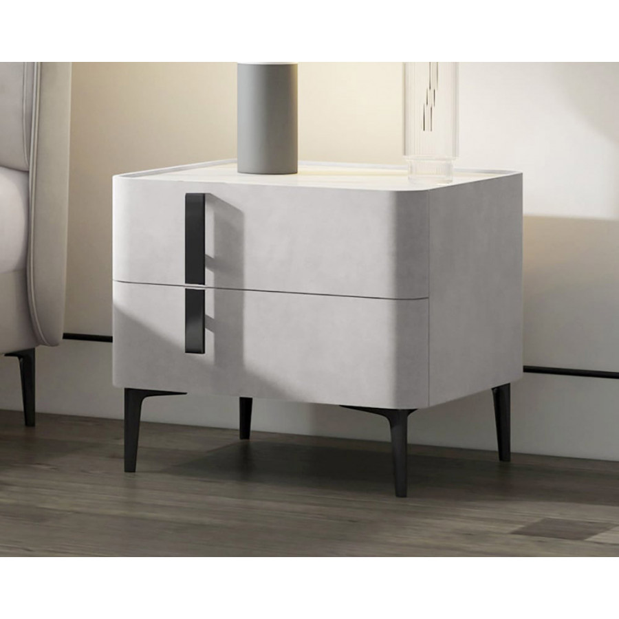 HMR Modern Nightstand with Drawers & Sintered Stone Top Freestanding Bedside Table - Gray, Left Hand