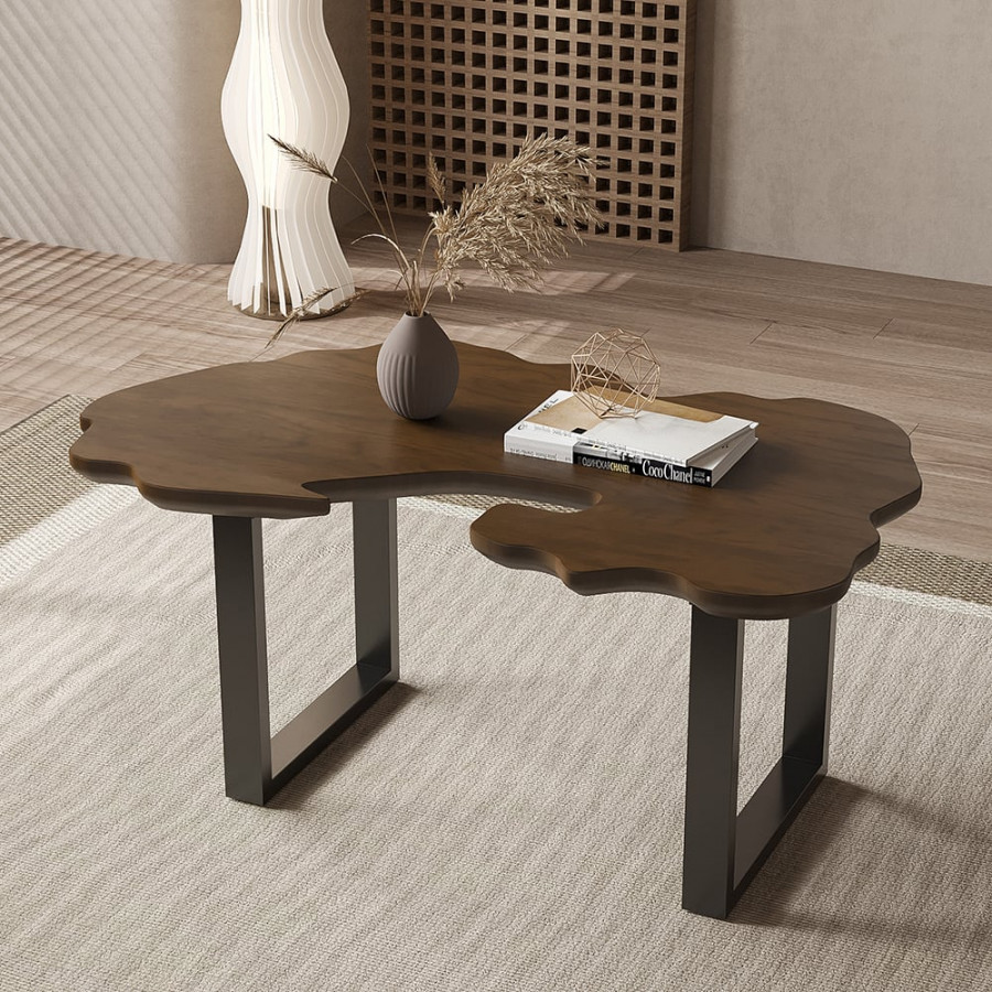HMR - Rustic 39.8" Live-Edge Coffee Table Walnut & Black with Wooden Tabletop & Metal Base