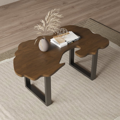 HMR - Rustic 39.8" Live-Edge Coffee Table Walnut & Black with Wooden Tabletop & Metal Base