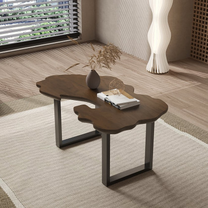 HMR - Rustic 39.8" Live-Edge Coffee Table Walnut & Black with Wooden Tabletop & Metal Base