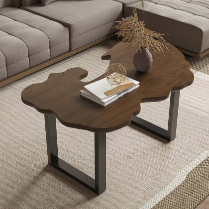 HMR - Rustic 39.8" Live-Edge Coffee Table Walnut & Black with Wooden Tabletop & Metal Base