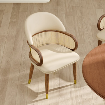 HMR - Mid-Century Modern Beige Rattan Dining Chair Curved Back Upholstered Faux Leather