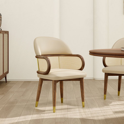 HMR - Mid-Century Modern Beige Rattan Dining Chair Curved Back Upholstered Faux Leather