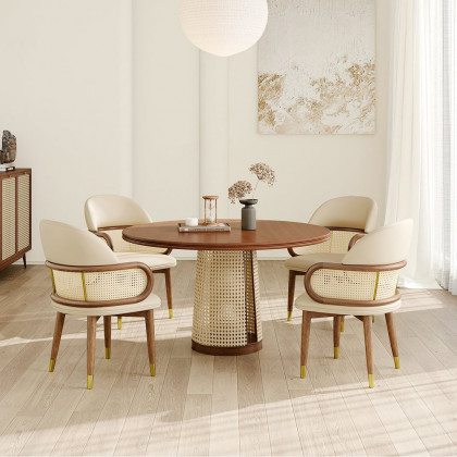 HMR - Mid-Century Modern Beige Rattan Dining Chair Curved Back Upholstered Faux Leather