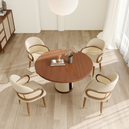 HMR - Mid-Century Modern Beige Rattan Dining Chair Curved Back Upholstered Faux Leather