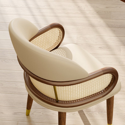 HMR - Mid-Century Modern Beige Rattan Dining Chair Curved Back Upholstered Faux Leather