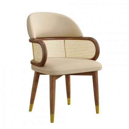 HMR - Mid-Century Modern Beige Rattan Dining Chair Curved Back Upholstered Faux Leather
