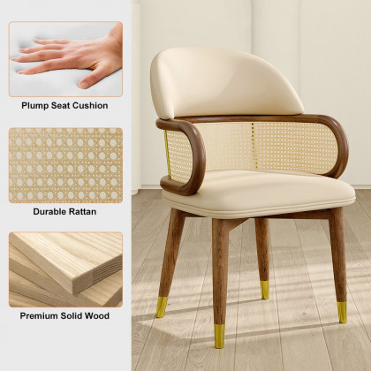 HMR - Mid-Century Modern Beige Rattan Dining Chair Curved Back Upholstered Faux Leather
