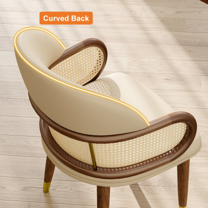 HMR - Mid-Century Modern Beige Rattan Dining Chair Curved Back Upholstered Faux Leather
