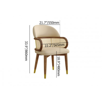 HMR - Mid-Century Modern Beige Rattan Dining Chair Curved Back Upholstered Faux Leather
