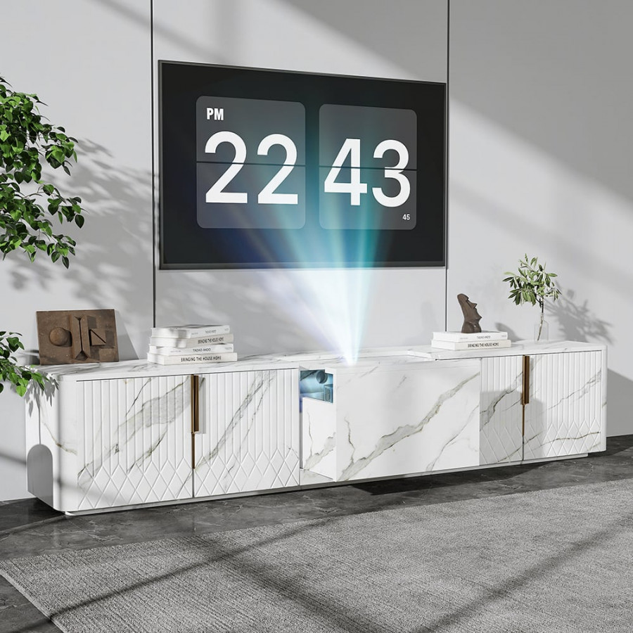 HMR - 91.7" Wood Low TV Stand for Projector Marble Grain Media Console with 4 Doors Modern