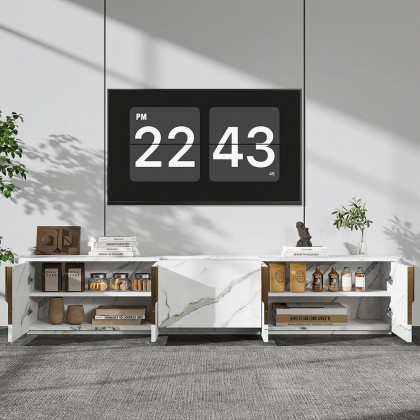 HMR - 91.7" Wood Low TV Stand for Projector Marble Grain Media Console with 4 Doors Modern