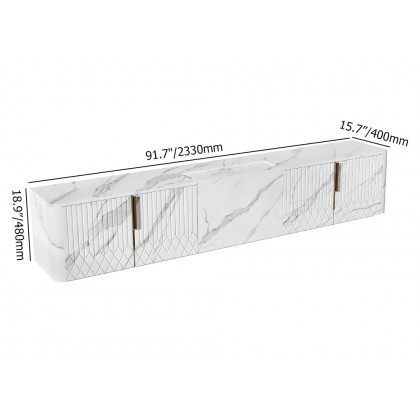 HMR - 91.7" Wood Low TV Stand for Projector Marble Grain Media Console with 4 Doors Modern