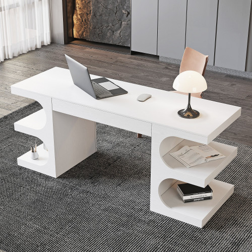 HMR 64.2" Wooden Writing Desk & Reclining Leather Office Desk Chair Set - White & Black