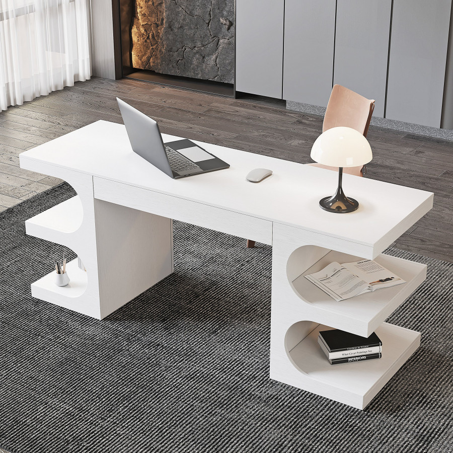 HMR 64.2" Wooden Writing Desk & Reclining Leather Office Desk Chair Set - White & Black