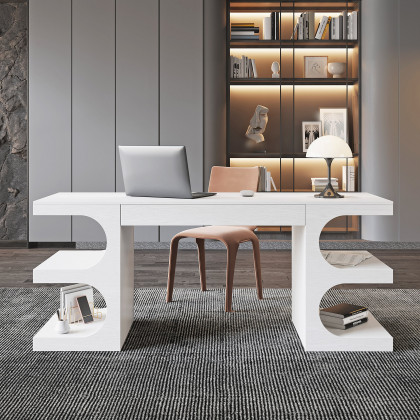HMR 64.2" Wooden Writing Desk & Reclining Leather Office Desk Chair Set - White & Black