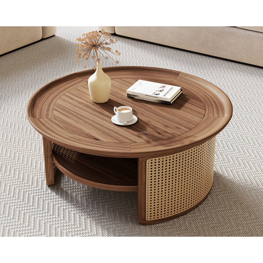 HMR 2-Tiered Japandi Round Wood Coffee Table with Rattan Base - Walnut, 31.5”/800mm