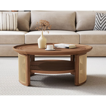 HMR 2-Tiered Japandi Round Wood Coffee Table with Rattan Base - Walnut, 31.5”/800mm