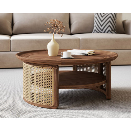 HMR 2-Tiered Japandi Round Wood Coffee Table with Rattan Base - Walnut, 31.5”/800mm