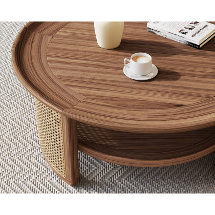HMR 2-Tiered Japandi Round Wood Coffee Table with Rattan Base - Walnut, 31.5”/800mm
