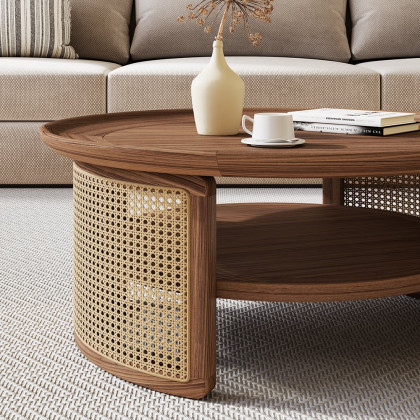 HMR 2-Tiered Japandi Round Wood Coffee Table with Rattan Base - Walnut, 31.5”/800mm