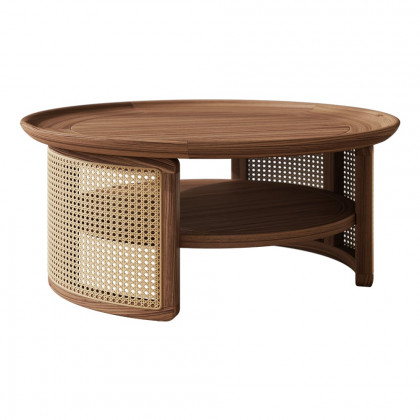 HMR 2-Tiered Japandi Round Wood Coffee Table with Rattan Base - Walnut, 31.5”/800mm