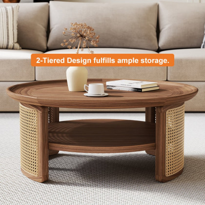 HMR 2-Tiered Japandi Round Wood Coffee Table with Rattan Base - Walnut, 31.5”/800mm
