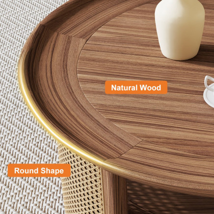 HMR 2-Tiered Japandi Round Wood Coffee Table with Rattan Base - Walnut, 31.5”/800mm