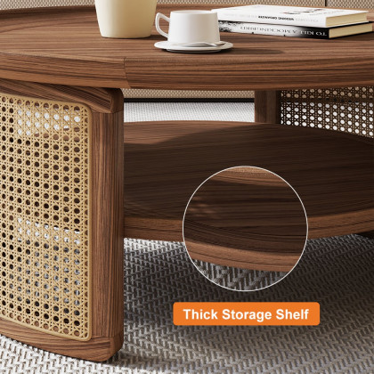 HMR 2-Tiered Japandi Round Wood Coffee Table with Rattan Base - Walnut, 31.5”/800mm