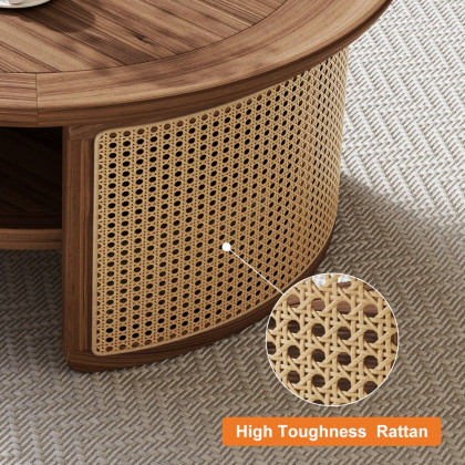 HMR 2-Tiered Japandi Round Wood Coffee Table with Rattan Base - Walnut, 31.5”/800mm
