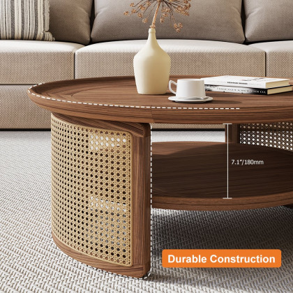 HMR 2-Tiered Japandi Round Wood Coffee Table with Rattan Base - Walnut, 31.5”/800mm