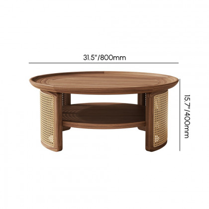 HMR 2-Tiered Japandi Round Wood Coffee Table with Rattan Base - Walnut, 31.5”/800mm